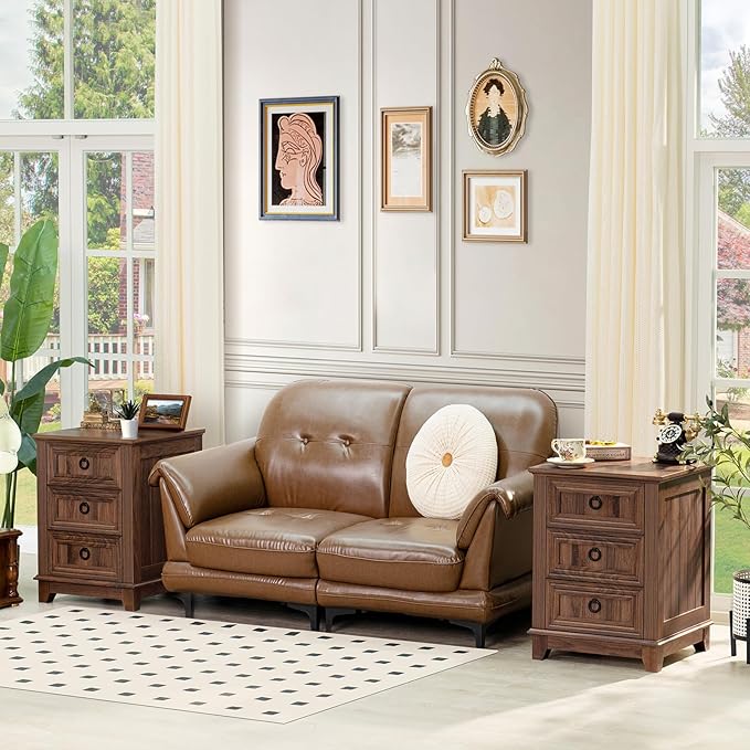 18" Farmhouse Night Stand with 3 Drawers, Wood End Table Dresser for Bedroom, Retro Nightstand, Bed Side Table with Metal Handle, Bedside Cabinet for Bedroom Living Room, Closet-CasaMuseHome