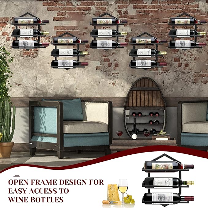 2Pcs Wall Mounted Wine Stemware Rack, Metal Hanging Wine Glass Display Holde Holds 3 Bottles, Elegant Storage for Kitchen Dining Room Bar Wine Cellar-CasaMuseHome