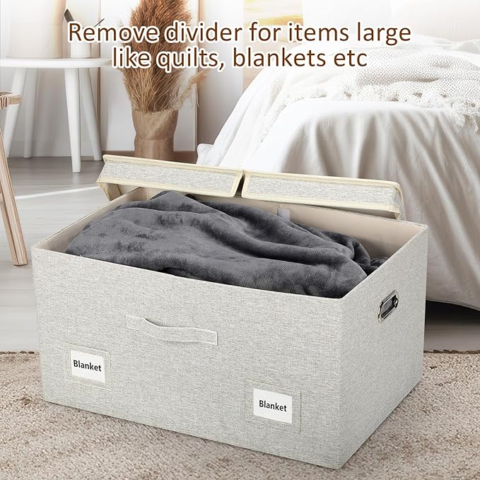 75 Quart Extra Large Decorative Collapsible Storage Bins with Lids, 1 Pack Beige Stackable Boxes-CasaMuseHome