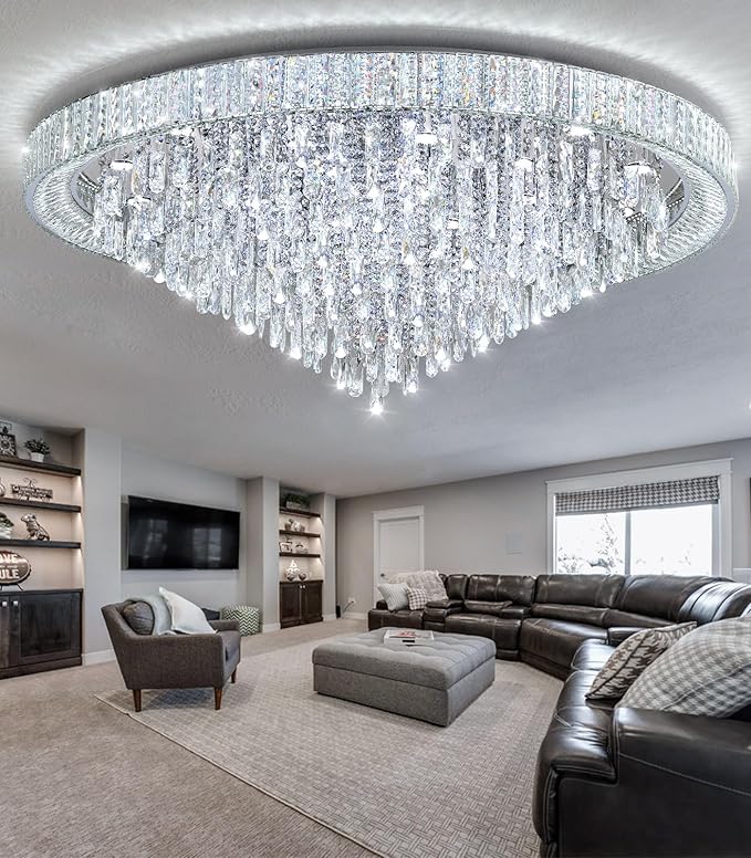 53.7'' Modern Chandeliers LED Dimmable Crystal Flush Mount Ceiling Chandeliers for Living Room High Ceiling Entrance Foyer Lobby Bedroom Silver-CasaMuseHome