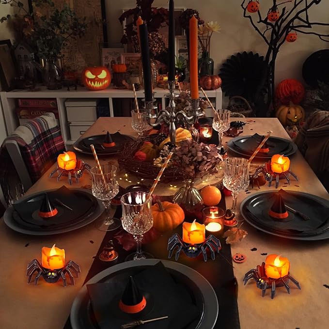 6 Pack Halloween Flameless Candles Battery Operated LED Spider Tealight Candles for Halloween Home Decorations, Light Up Halloween Decorations Indoor for Table Party Office Fireplace Halloween Gifts-CasaMuseHome