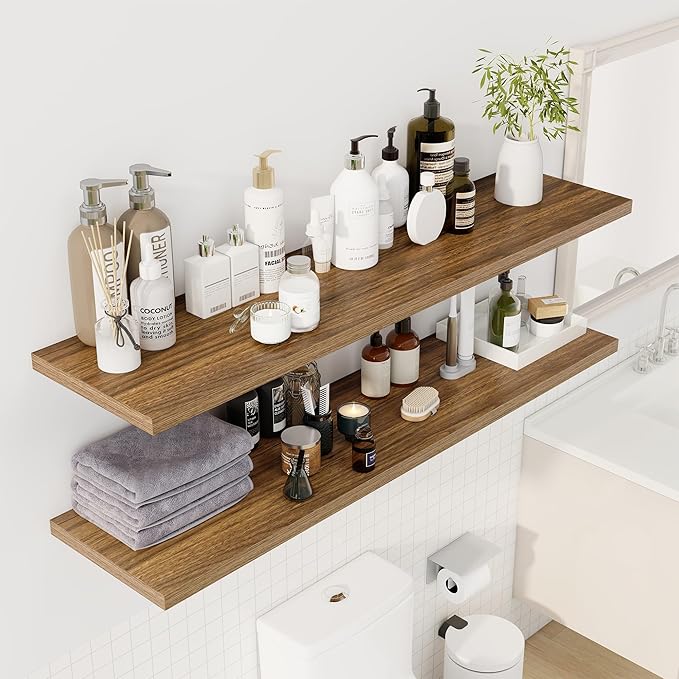 55" Floating Shelves for Wall, 12" Deep Slim Walnut Floating Shelves, Wall-Mounted Shelves for Bedroom, Living Room, Kitchen, Bathroom - Set of 2-CasaMuseHome