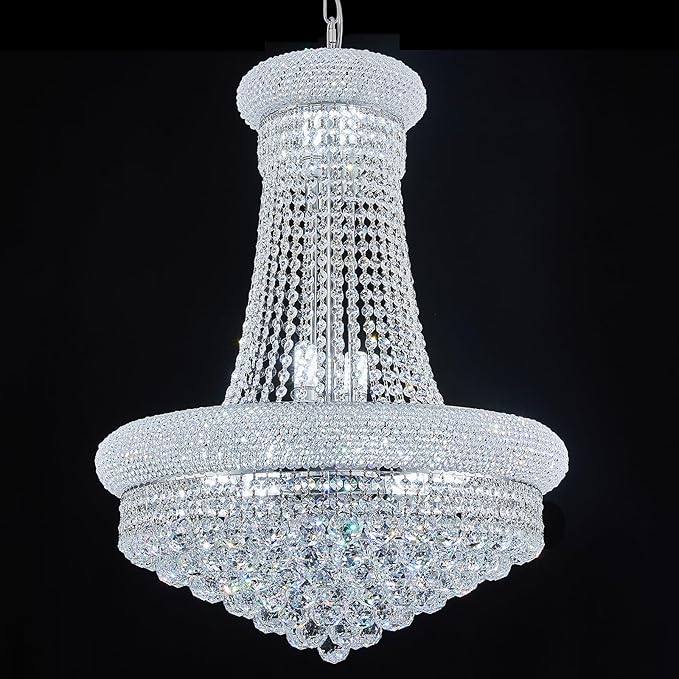 14 - Light Unique Empire Crystal Chandelier with Adjustable Chain for High Ceiling Foyer Entryway Living Room Dining Room Bedroom Chrome Finish-CasaMuseHome