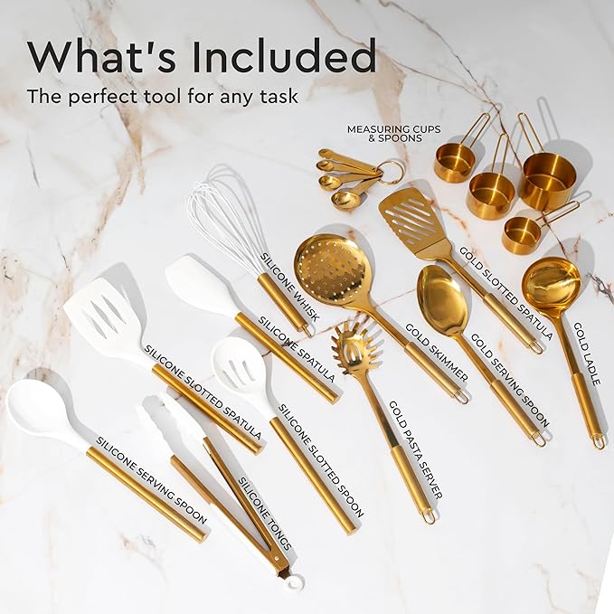 Gold Kitchen Utensils Set - 19-Piece Set Includes Stainless Steel Gold Utensils, White Silicone Tools, and Measuring Cups and Spoons - Luxury Kitchen Accessories for Modern Cooking, Serving, & Gifting-CasaMuseHome