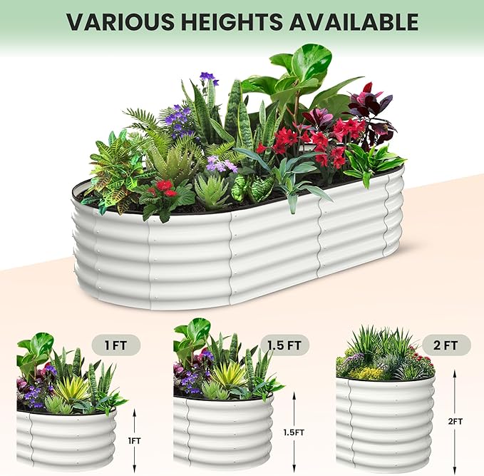 2 Pcs 6x3x1ft Oval Raised Garden Bed, Galvanized Raised Beds,Open-Ended Base Metal Raised Planter Beds,Garden Bed Outdoor,Planter Raised Boxes for Vegetables, Flowers,Tool-Free Asse,White-CasaMuseHome