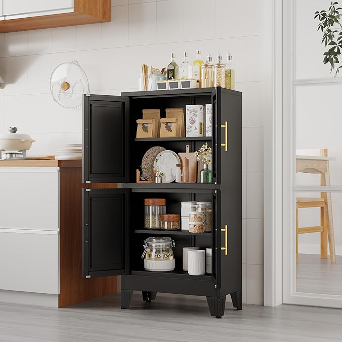 47.25" Metal Storage Cabinet, Black Kitchen Food Storage with 4 Door and 2 Adjustable Shelves, Freestanding Bathroom Cabinet, Pantry for Kitchen Dinning Room, Cupboard-CasaMuseHome