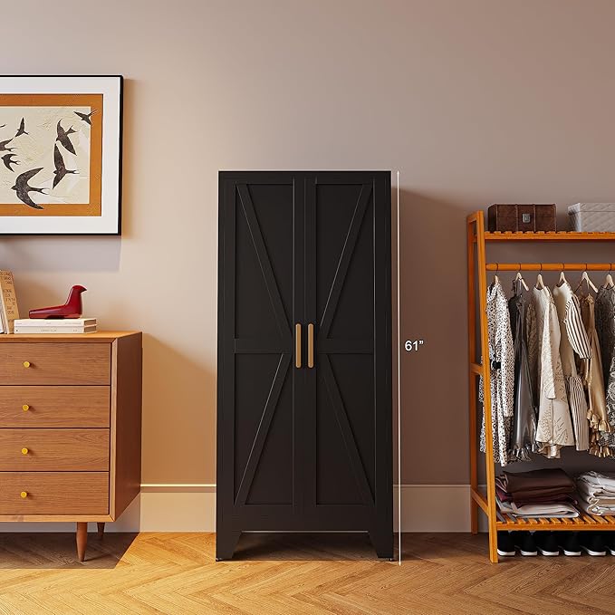 61" Tall Farmhouse Metal Pantry Cabinet, Kitchen Pantry Storage Cabinets with 2 Barn Door and Adjustable Shelves,Metal Pantry Storage Cabinet,for Kitchen,Laundry Room,Home Office,Kids Room (Black)-CasaMuseHome