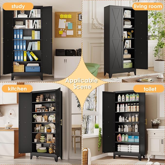 75" Tall Metal Kitchen Pantry Storage Cabinet, Freestanding Cupboard with 2 Doors and 5 Adjustable Shelves, Standing Storage for Kitchen, Bathroom, Garage, Dinning Room or Utility Room（Black）-CasaMuseHome