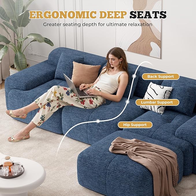122" Modern L Shaped Modular Sectional Sofa, Boneless Couches for Living Room with Ottoman,4 Seater Convertible Chenille Cloud Couch Sofa Set, No Assembly Required, Blue 1 PCS-CasaMuseHome