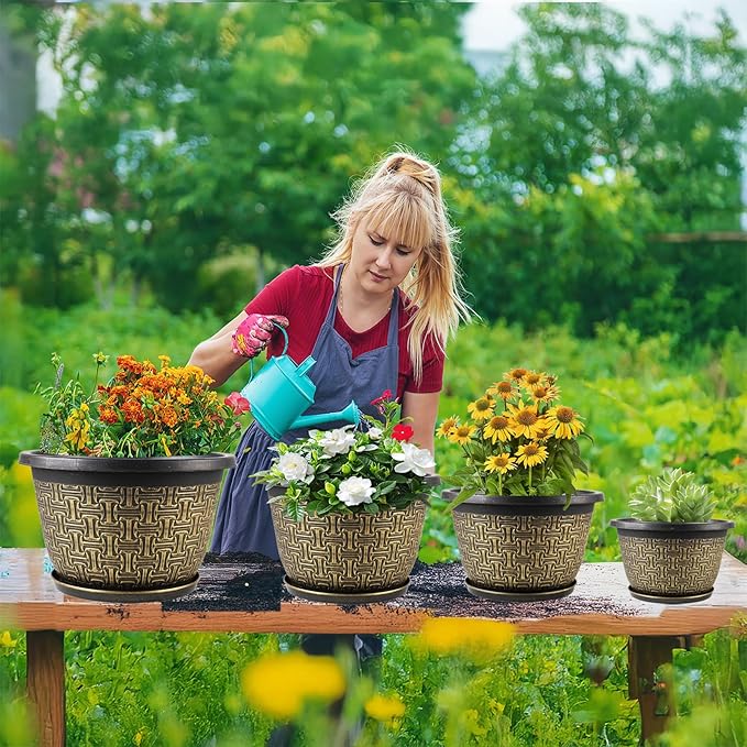 4 Pack 16 Inch Planter,Large Plastic Flower Pots Outdoor Indoor with Drainage Holes & Trays, Retro Antique Imitation Decorative Garden Plant Pots Outdoor for Houseplants-CasaMuseHome