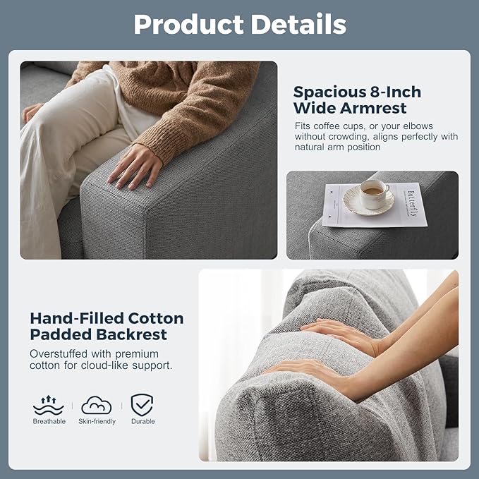 112" Convertible Sectional Sofa, Large L Shaped Couch with Detachable Sofa Cover, Modular Couch for Living Room, Breathable Linen Fabric Corner Sofa for Apartment, Grey-CasaMuseHome