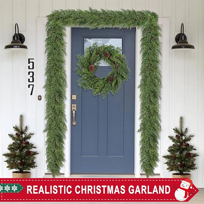 6 Ft Real Touch Christmas Garland,Thick and Lush，Soft Bendable, Lifelike Cedar Garland Realistic, Garlands for Decoration Christmas，Christmas Garland for Mantle,Outdoor Indoor Christmas Decorations-CasaMuseHome