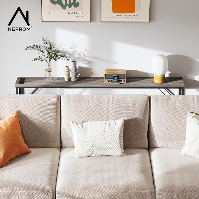 63'' Console Table, Skinny Entryway Table with Fast-Charging Station, Narrow Long Sofa Table, Behind Slim Couch Table for Entrance, Hallway, Living Room Decor ST-GY160-1-CasaMuseHome