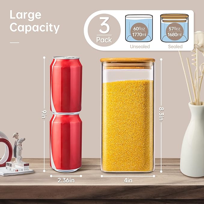 57oz - 3 Pack Square Glass Jars with Bamboo Lids, Glass Food Storage Containers with Airtight Lids for Kitchen, Air Tight Pantry Storage Containers for Cereal, Pasta, Rice, Sugar, Coffee, Spice-CasaMuseHome