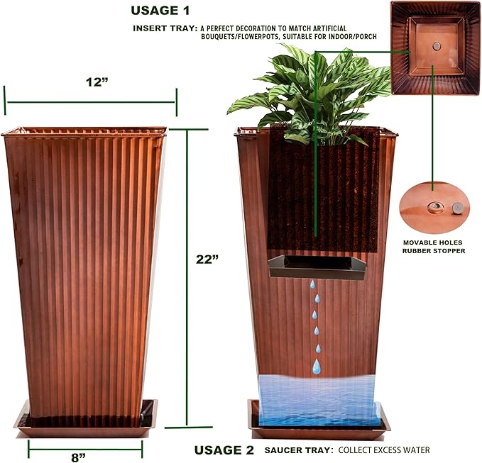 22in Vintage Handmade Metal Vertical Lines Copper Tapered Planters,Planter Box with Drainage Holes and Saucer -Set of 2, Galvanized Steel Planter for Indoor/Outdoor/Porch/Garden-CasaMuseHome