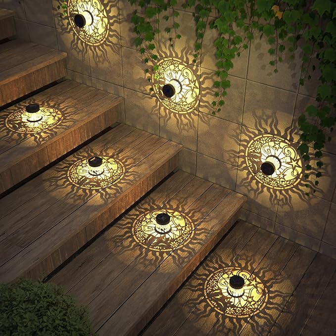 4 Pack Solar Fence Lights Metal Solar Powered Outdoor Wall Deck Lights Sun Moon Theme Waterproof Fence Light for Garden Post Patio Backyard Yard Decor (Face, 4 Pack)-CasaMuseHome