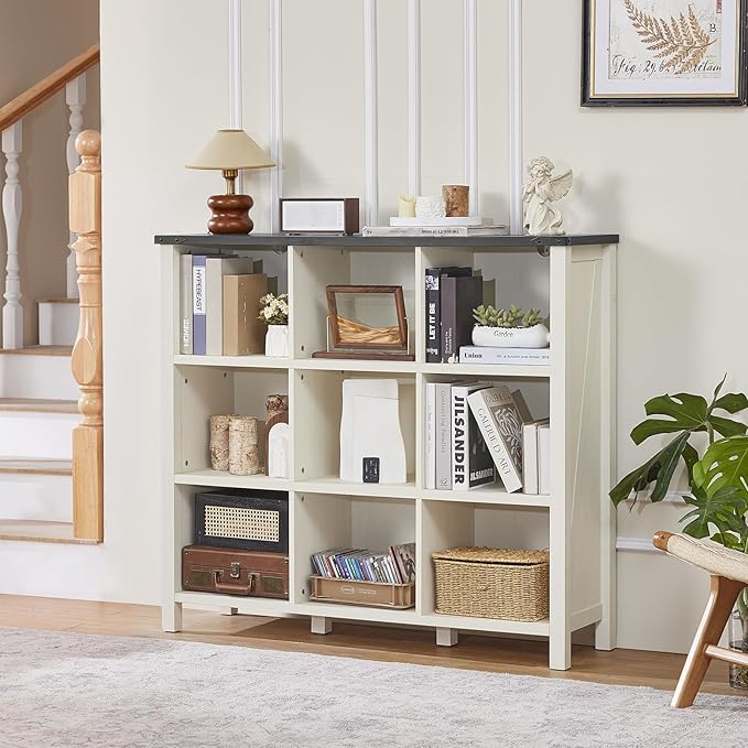 9 Cube Bookcase, Farmhouse 47 Inch Wide White Bookshelf, Wooden 3 Tier Display Large Open Book Shelf, Vintage Horizontal Book Case for Home Office, Cubby Storage Cabinet for Living Room-CasaMuseHome