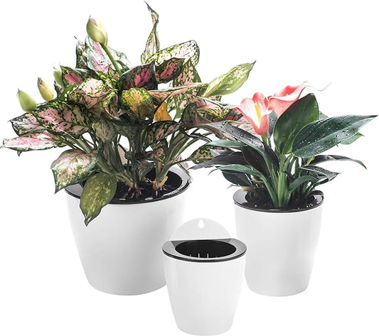 3 Pack Self Watering Wall Hanging Planter Pots Vertical Garden Window Hang Mount Indoor Outdoor Plant Flower Basket for Kitchen Herbs Balcony Railing Shelf Fence Bedroom Trellis Decor Modern White Box-CasaMuseHome