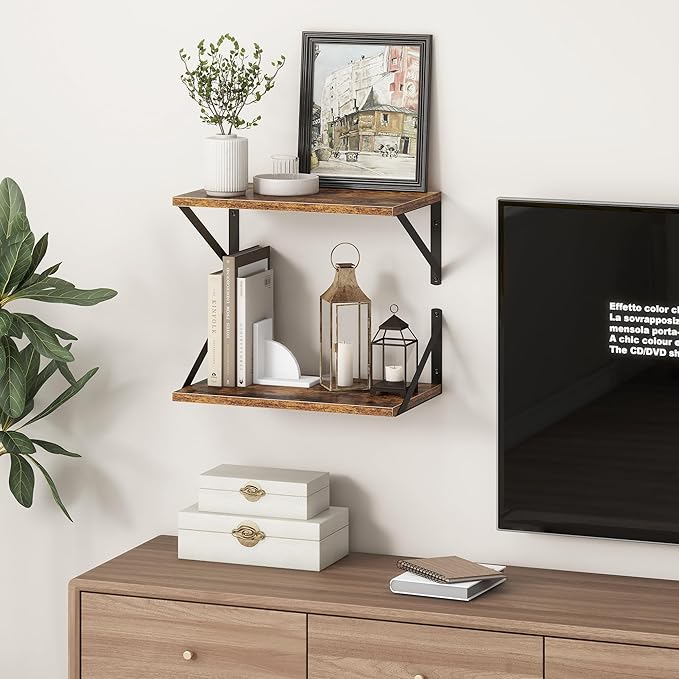 10 Inch Deep Floating Shelves, Floating Shelf 16 Inch Long, 16"W x 10"D Wall Shelves Set of 2, Deep Shelf for Books, Wide Floating Shelves for Bahtoom, Living Room, Kitchen, Rustic Brown-CasaMuseHome