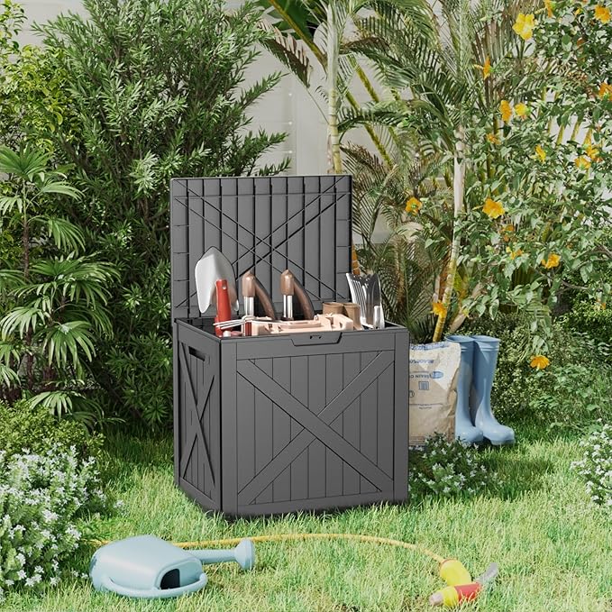 32 Gallon Deck Box Large Outdoor Storage for Patio Furniture,Outdoor Cushions,Garden Tools and Pool Supplies,Waterproof,Resin,Lockable(Black)-CasaMuseHome