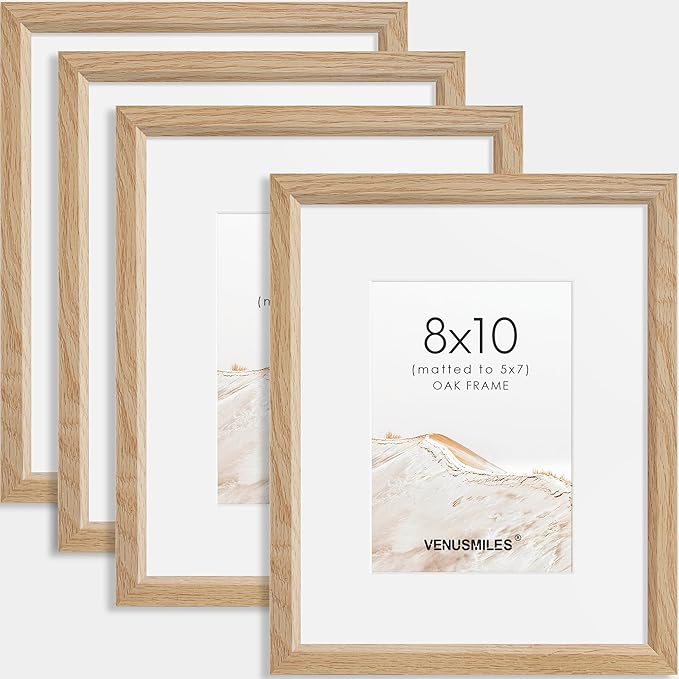 8x10 Picture Frame Set of 4 Natural Solid Oak Photo Frames with 5x7 Removable Mat Wall Hanging Large Handcrafted Frame with HD Plexiglass Wall and Tabletop Display Large Poster Frame-CasaMuseHome