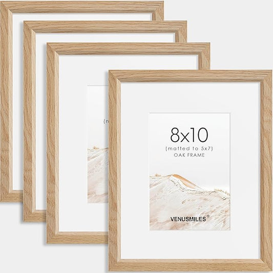 8x10 Picture Frame Set of 4 Natural Solid Oak Photo Frames with 5x7 Removable Mat Wall Hanging Large Handcrafted Frame with HD Plexiglass Wall and Tabletop Display Large Poster Frame-CasaMuseHome