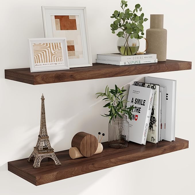 40 Inch Floating Shelvese, 40" W x 9" D Floating Shelf Set of 2, Farmhouse Wood Wall Shelves for Bedroom, Kitchen, Wall Mounted Deep Shelving for Home Decor, Walnut Color-CasaMuseHome