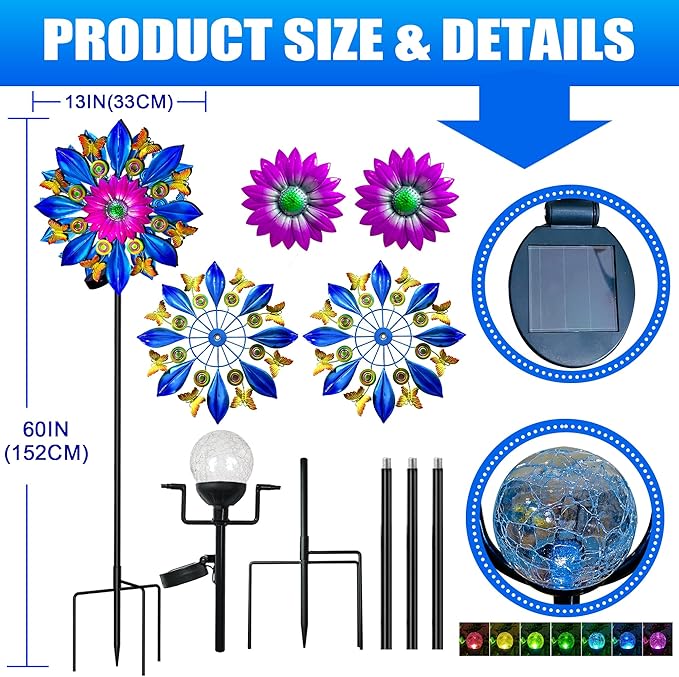 60 Inch Solar Wind Spinner Outdoor - Double-Sided Rotating Colorful Kinetic Wind Spinners for Garden, Yard Decorations Outdoor,Metal Wind Sculptures & Spinners, Wind Art-CasaMuseHome