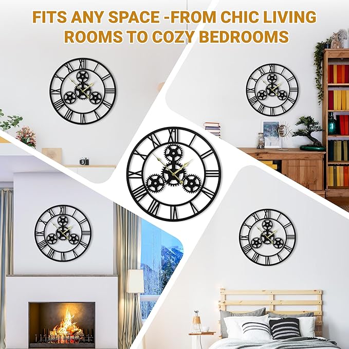 24inches/60cm Wall Clocks for Living Room Deco Non Ticking Silent Battery Operated Metal Modern Vintage Roman Numeral Oversized Gear Wall Clocks for Bedroom Kitchen Fireplace Office Farmhouse-CasaMuseHome