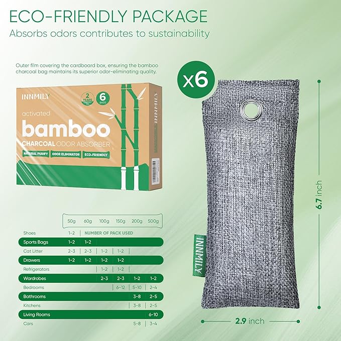Activated Charcoal Odor Absorber, 6 Pack Natural Shoe Odor Eliminator, Bamboo Charcoal Air Purifying Bags, Sneaker Deodorizer and Moisture Absorbers for Clean Footwear, Shoe Odor Remover-CasaMuseHome