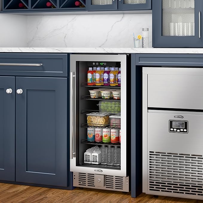 KoolMore 15” Inch Small Built-In Refrigerator and Beverage Cooler for Soda Cans, Beer Cans, Food and Fresh Snacks, 5 Wire Shelves, Adjustable Temperature Range (KM-BIR3C-GD), Stainless Steel