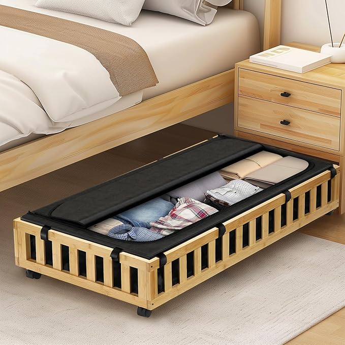2 Pack Bamboo Under Bed Storage with Wheels, 39”x20”x7.8” Lager Under Bed Storage Containers (Natural)-CasaMuseHome