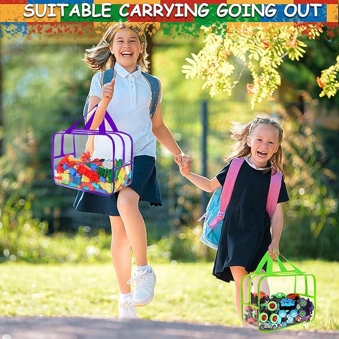 6 Colors Widen X-Large Toy Storage Bags 12.6×9.25×6.9In with Labels, Reusable Clear PVC Board Game Storage, Travel Waterproof Organizer Bags with Zipper for Building Blocks, Puzzle, Stuffed Animals-CasaMuseHome