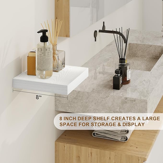 8 Inch Deep Floating Shelves White, Rustic Wood Floating Shelf for Home Decor, 8 x 8 Inch Square Wall Shelves, Wooden Storage & Display Shelves for Kitchen, Bathroom, Living Room, Set of 2-CasaMuseHome