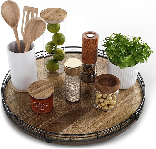 Acacia Wood 16" Lazy Susan Turntable Organizer for Table Top, Farmhouse Large Round Lazy Susan for Cabinet Kitchen Centerpieces Dining Table, for Condiments Charcuterie, Bathroom Vanity Tray Decor-CasaMuseHome