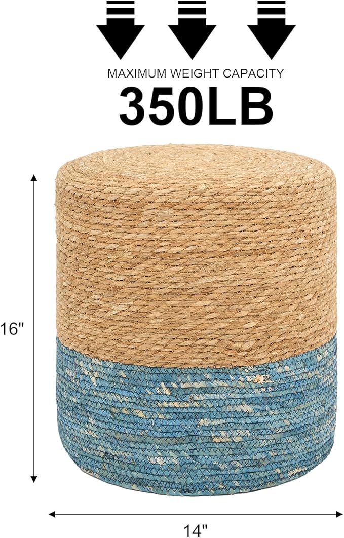 16'' Round Ottoman Natural Seagrass Braided Poof Hand Weaving Round Ottomans Boho Footrest Stool for Home Living Room Bedroom Patio(Natural&Blue)-CasaMuseHome