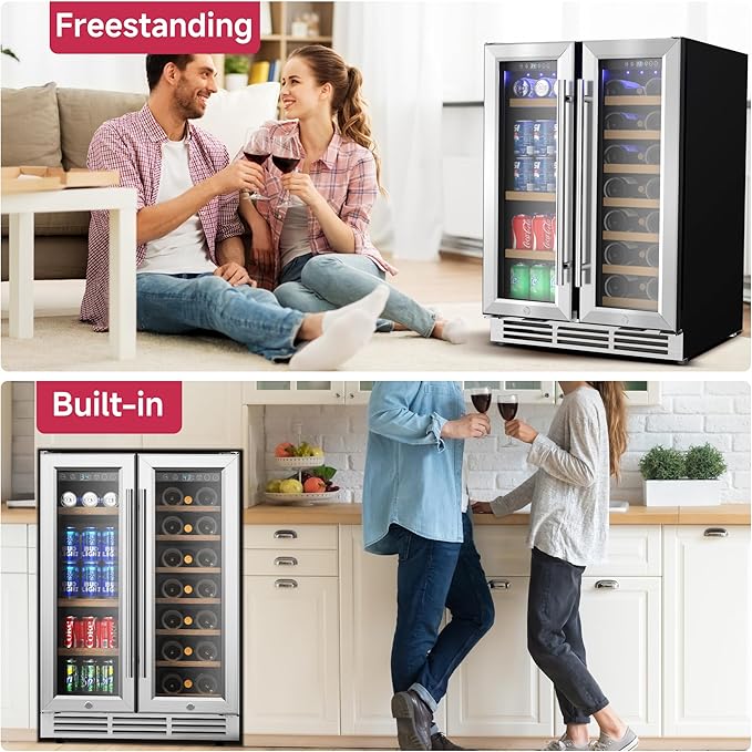 24" Wine and Beverage Refrigerator, Dual Zone Wine Cooler with Glass Door, Hold 88 Cans & 21 Bottles, Built in or Freestanding Under Counter Wine Fridge with Blue LED Light.-CasaMuseHome