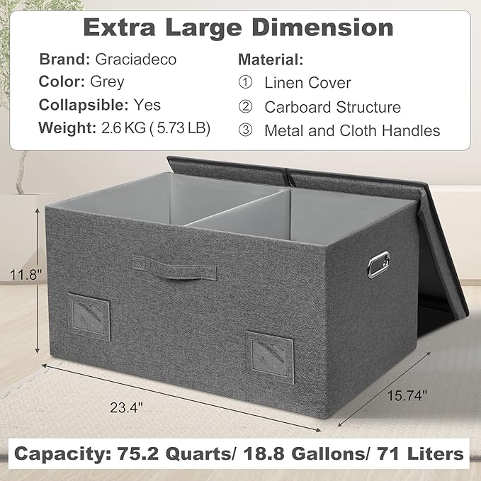 75 Quarts Extra Large Decorative Storage Bins with Lids, 1 Pack Gray Collapsible Storage Bins with Lids, Stackable Storage Bins Decorative Box Storage With Lid Extra Large-CasaMuseHome