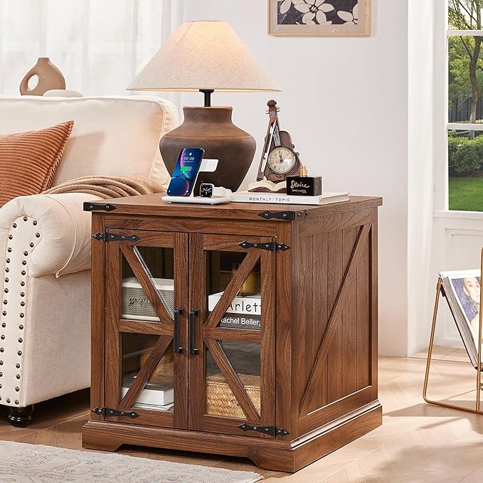 24" End Table Set of 2 with Charging Station, Farmhouse Night Stand with Glass Barn Door, Nightstands with Adjustable Storage Shelf, Large Wood Square Bed Side Table for Living Room,Bedroom-CasaMuseHome