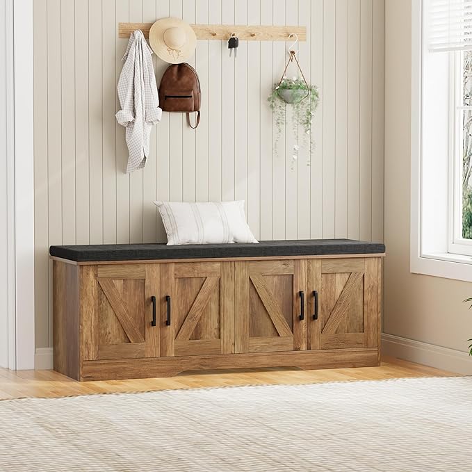 2-Tier Storage Bench, Shoe Bench with Padded Seat Cushion, Entryway Bench with 4 Barn Doors, Adjustable Shelf, 13.8" D x 47.2" W x 17.7" H, for Entryway, Living Room, Bedroom, Rustic Walnut-CasaMuseHome