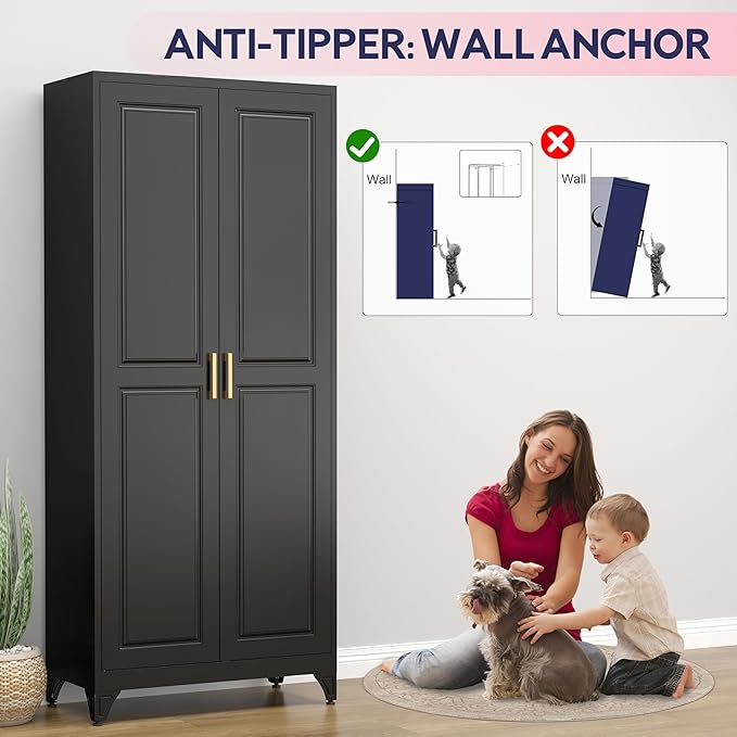 75" Storage Cabinet, Metal Pantry Cabinet, Kitchen Pantry Storage Cabinets with Doors and 4 Shelves, Cabinets for Laundry Room, Living Room, Dinning Room, Assembly Required, Black-CasaMuseHome