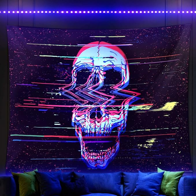 ADDWel Blacklight Skull Tapestry, Black Psychedelic Tapestry Glow In The Dark, UV Reactive Black Light Tapestries Posters Wall Hanging for Room Decor(50 * 60inches)-CasaMuseHome