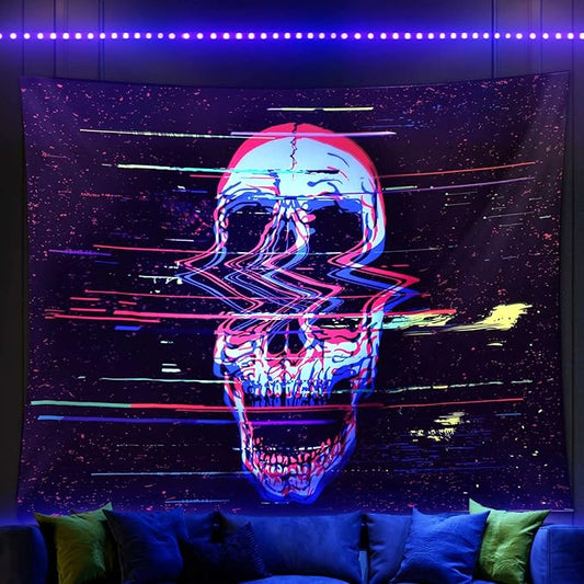 ADDWel Blacklight Skull Tapestry, Black Psychedelic Tapestry Glow In The Dark, UV Reactive Black Light Tapestries Posters Wall Hanging for Room Decor(50 * 60inches)-CasaMuseHome