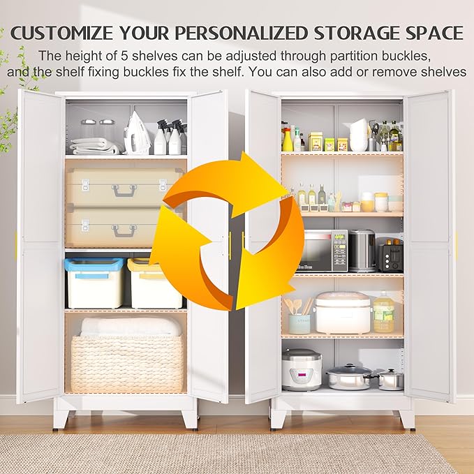 75.2" Tall Pantry Cabinet, Kitchen Pantry Storage Cabinets with 2 Door and 5 Adjustable Shelves, White Metal Pantry Storage Cabinet, Cupboard for Kitchen, Dining Room, Living Room and Bathroom-CasaMuseHome