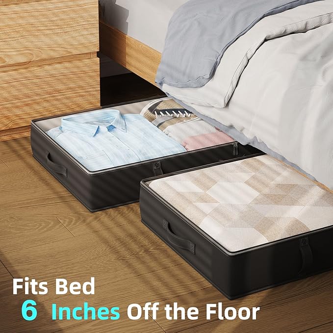 2-Pack Under Bed Storage, 6 Inches Tall Closet Organizers and Storage Bins with Sturdy Sidewalls/Bottom/4 Handles, Black-CasaMuseHome