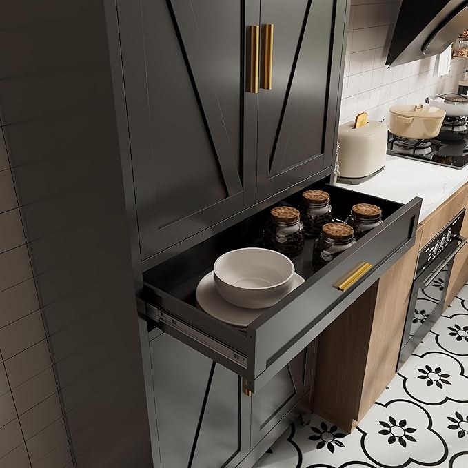 71 "Farmhouse Metal Filing Cabinet with a Drawer and 4 Adjustable Shelves, with 4 Large barn Door White Kitchen Cabinets, Metal Food Cabinets for Home, Kitchen, Dining/Living Room (Black)-CasaMuseHome