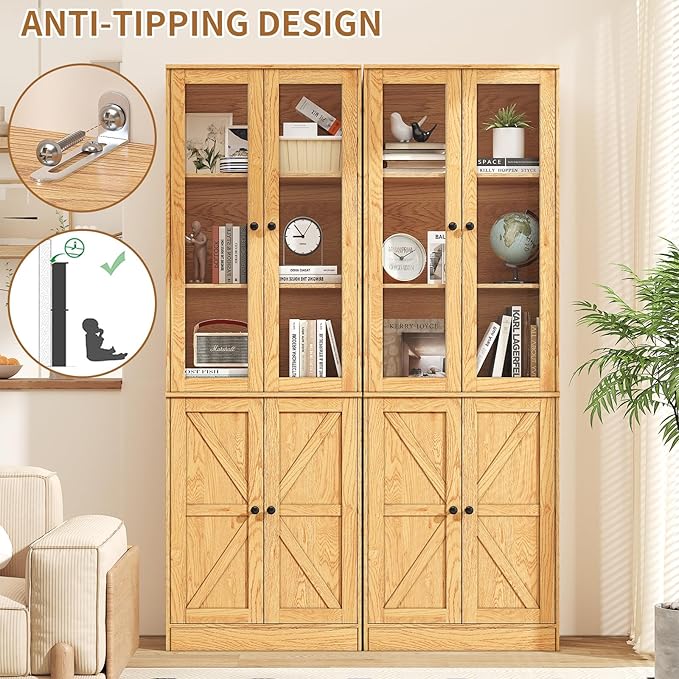 71" Tall Bookcases Set of 2, Bookshelves with Doors, 5-Shelf Bookcase with Storage, Wooden Bookshelf Floor Standing Display Storage Shelves Home Decor Furniture for Living Room,Bedroom,Natural-CasaMuseHome