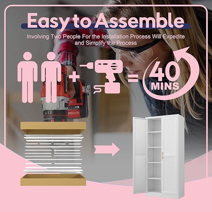 71" Storage Cabinet, Metal Pantry Cabinet, Kitchen Pantry Storage Cabinets with Doors and 4 Shelves, Cabinets for Laundry Room, Living Room, Dinning Room, Assembly Required, White-CasaMuseHome