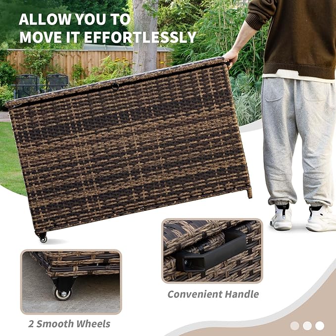 178 Gallon Outdoor Storage Box, Handle Large Portable Wicker Rattan Deck Box for Patio Furniture Cushions, Patio Deck Box with 2 WheelsThrow Pillows, Garden Tools and Pool Floats (Brown)-CasaMuseHome