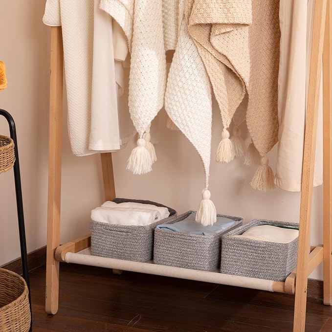 3 Pack Small Storage Baskets for Organizing, Cute Woven Decorative Gift Baskets for Shelves, Mini Closet Organizer Bins with Handles, 11.81''Lx7.87''Wx4.72''H-Grey-CasaMuseHome